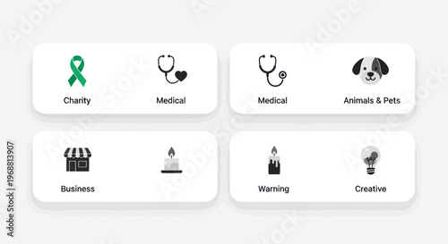 Icons for Charity, Medical, Business, Pets, Warning, and Creativity
