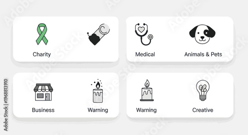 Icons for Charity, Medical, Business, Pets, Warning, Creative