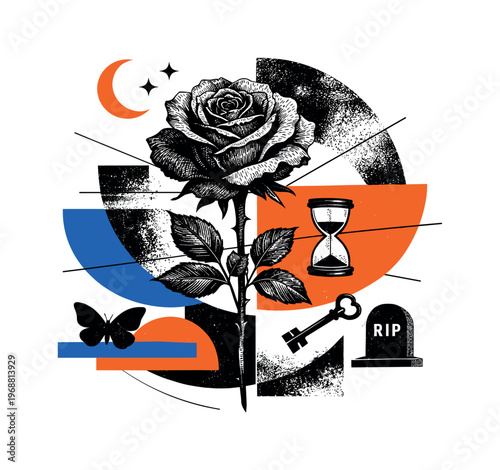 Abstract graphic collage featuring a black rose ink drawing as a sculptural form, black and white ink texture