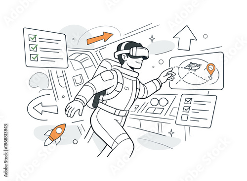 Space mission preparation in VR. Trainee navigating virtual spacecraft interior, checklists and navigation