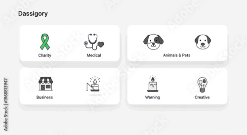 Icons for Charity, Medical, Pets, Business, Warning, and Ideas