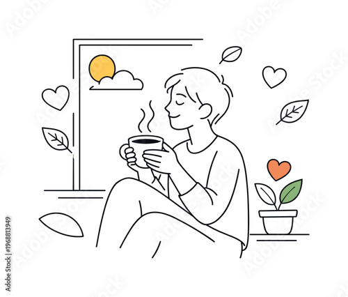 Everyday mindfulness practice. Individual enjoying quiet coffee moment by window, steam rising slowly, heart