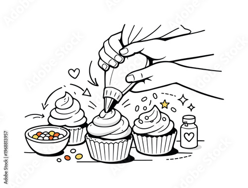 Cupcake decorating scene. Close-up of hands piping frosting onto cupcakes, smooth creamy shapes forming,