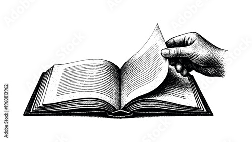 Turning Book Page. A single open book with one page being gently turned by fingertips, captured mid-motion,