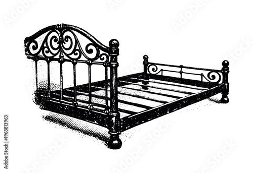 Vintage Iron Bedframe Abstract. Angled view of an antique iron bed frame, headboard partially cropped by the