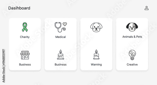 Modern Dashboard UI with Icons: Business, Medical, Animals, Creative, Charity