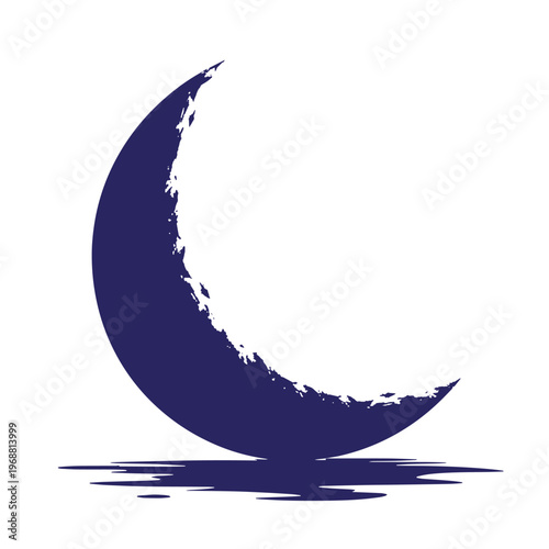 Dark blue crescent moon with a textured jagged edge and a liquid reflection puddle underneath on a white background