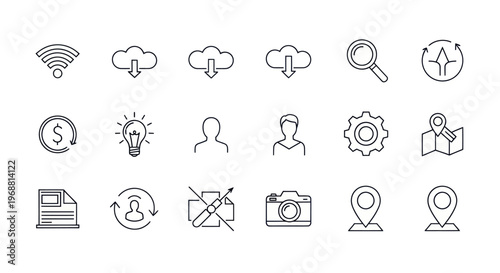Modern Digital Icons Set: Technology, Business, and Communication Symbols