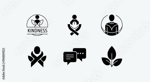 Kindness, Empathy, Support, Communication Icons: Abstract Human Figures, Leaves, Speech Bubbles