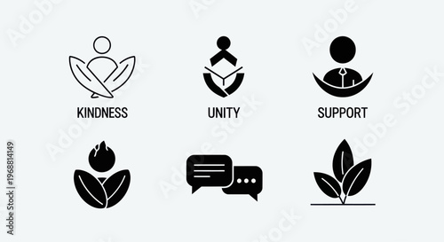 Kindness, Unity, Support, Communication, Growth Icons Set