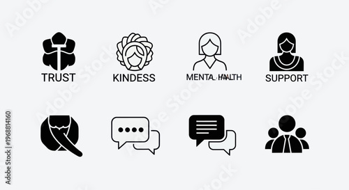 Mental Health Support Icons: Trust, Kindness, Help, Communication, Teamwork