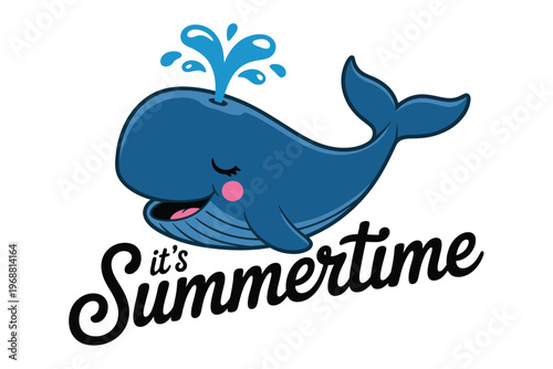 Cute Blue Whale Spouting Water Summer Illustration