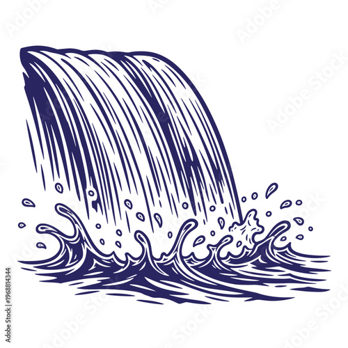 Dark blue ink of a cascading waterfall with flowing water streams and splashing droplets at the base isolated on a white background