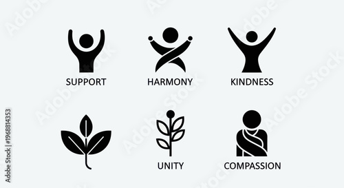 Positive Concepts Icons: Support, Harmony, Kindness, Unity, Compassion, Nature