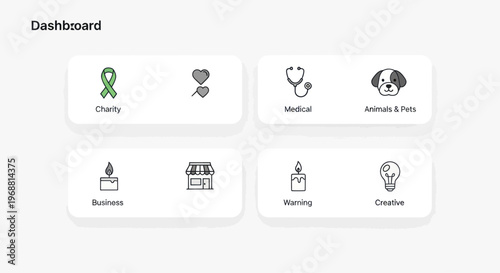 Modern UI Dashboard with Icons for Charity, Medical, Animals, Business, Women, Creative