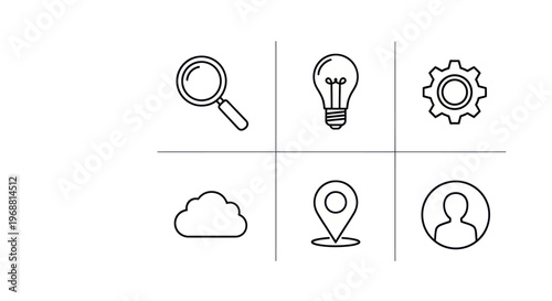 Search, Idea, Settings, Cloud, Location, User Icons: Business and Technology Icons