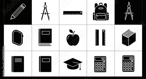 School Supplies Icons Set: Education, Learning, Study Tools, Backpack, Books, Calculator
