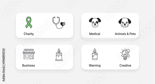 Set of 4 Simple Line Icons: Charity, Pets, Business, and Creativity