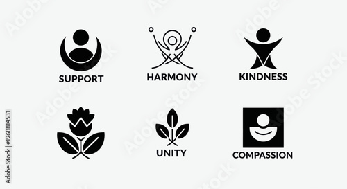 Set of 6 abstract icons representing positive human values and concepts