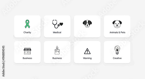 Set of 8 Flat Icons: Charity, Medical, Pets, Business, Warning, Creative Ideas