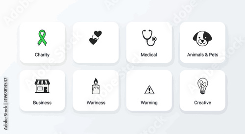 Set of 8 flat icons: Charity, Love, Medical, Animals, Business, Warning, Creative