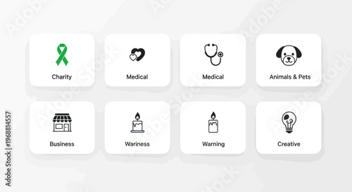 Set of 8 flat icons for charity, medical, business, and pets
