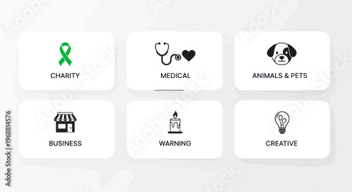 Set of 6 Icons: Charity, Medical, Animals, Business, Warning, Creative