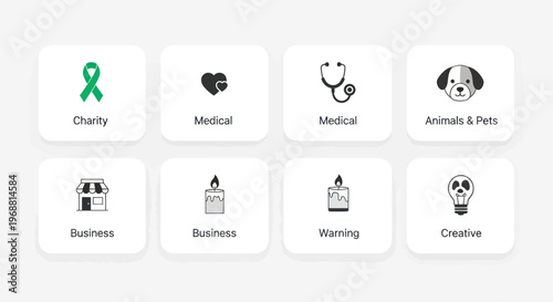 Set of 8 healthcare and business icons on a white background
