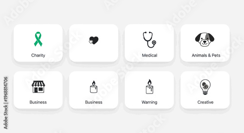 Set of 8 medical, business, charity, pet, and creative icons on white background