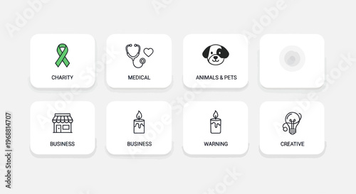 Set of 8 Icons: Charity, Medical, Pets, Business, Candle, Warning, Creative & Light Bulb