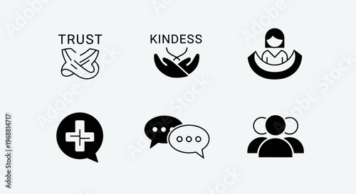Set of 6 Icons representing Trust, Kindness, Support, Health, Communication, Teamwork