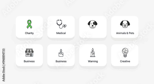 Set of 8 minimalist icons for charity, medical, pets, business, candles, and ideas