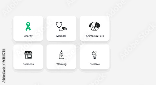 Set of 6 modern icons: charity, medical, pets, business, warning, idea