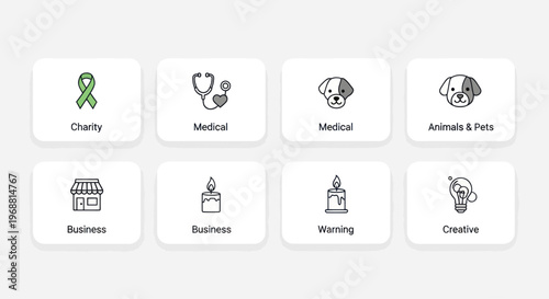 Set of 8 Simple Icons: Charity, Medical, Pet, Business, Warmth, Creative Ideas