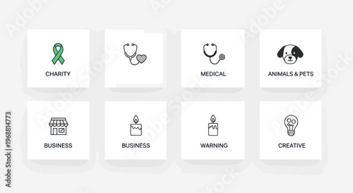 Set of 8 Simple Line Icons: Charity, Medical, Business, Pets, Warning, Creative
