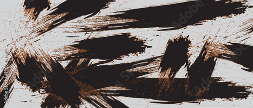 A black and white abstract painting with pink and orange accents