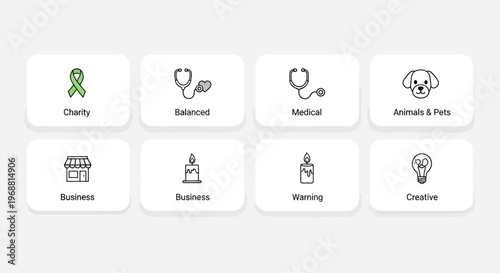Set of Hand-Drawn Icons for Business, Health, Charity, and Creativity Concepts