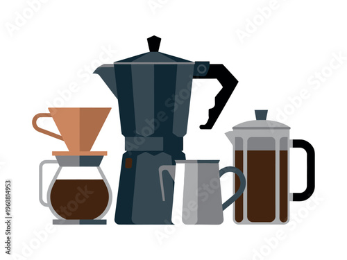 A collection of coffee makers and brewers on a white background