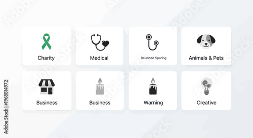 Set of Icons: Charity, Medical, Business, Animals, Creative, Warning