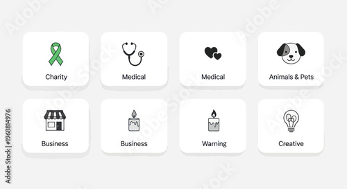 Set of Icons: Charity, Medical, Business, Animals, Creative, Warning