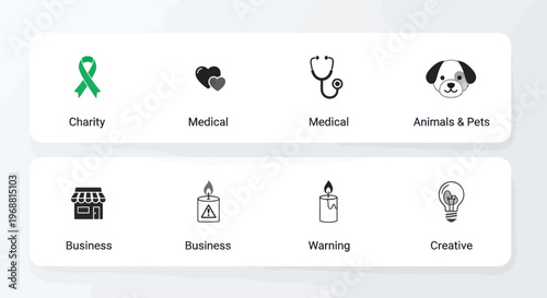 Set of Flat Icons: Charity, Medical, Business, Animals, Creative Ideas, Warning