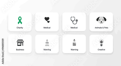Set of Icons: Charity, Medical, Business, Animals, Warming, Creative