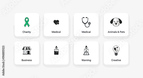 Set of Flat Icons: Charity, Medical, Business, Animals, Warning, Creative, Love