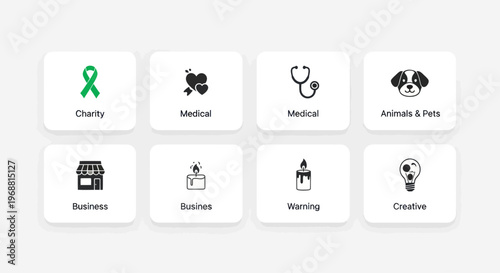 Set of Flat Icons: Charity, Medical, Business, Animals, Warning, Creative Concepts