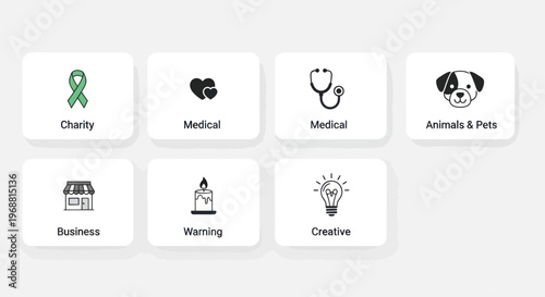 Set of flat icons for business, charity, medical, animals, warning, and creative