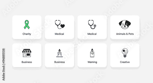 Set of Icons: Charity, Medical, Business, Animals, Warning, Creative Concepts