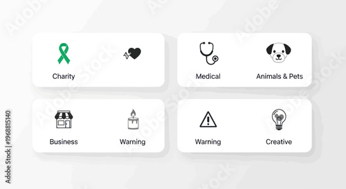 Set of Icons: Charity, Medical, Animals, Business, Warning, Creative Concepts