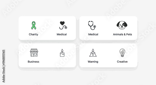 Set of Flat Icons for Business, Health, Charity, and Pets