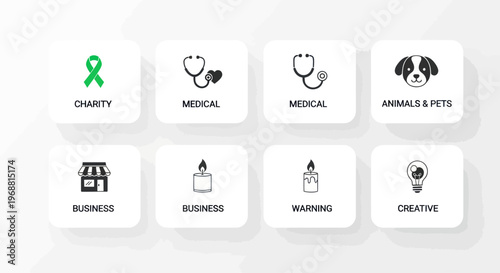 Set of Icons: Charity, Medical, Business, Animals, Warning, Creative Concepts