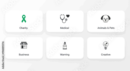 Set of Icons: Charity, Medical, Animals, Business, Warning, Creative Concepts